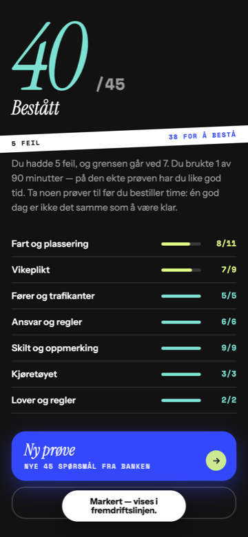 Skjermbilde fra Bilteori: resultat 40 av 45, bestått, med 38 som grense og resultat per tema.